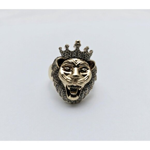Unique 10K Solid Yellow Gold Designer Crown Lion Head Diamond Ring - Size 11.50 - Picture 9 of 15